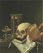 Adriaen Coorte - Vanitas Still Life with skull and hourglass