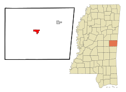 Kemper County Mississippi Incorporated and Unincorporated areas De Kalb Highlighted.svg
