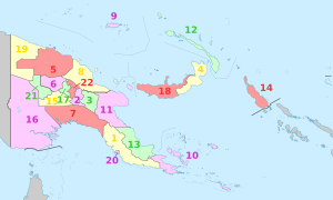 Provincias de Papúa Nueva Guinea (el archipiélago comprende las provincias 9, 12, 4 y 18; hay algunas islas costeras en las provincias 5, 8 y 11)