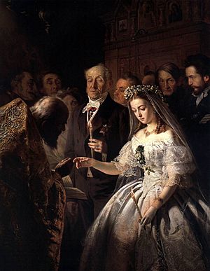 Matrimonio desigual, pintura del siglo XIX del artista ruso Pukirev. Muestra un matrimonio arreglado donde una joven es forzada a casarse con alguien mucho mayor a quien no quiere.