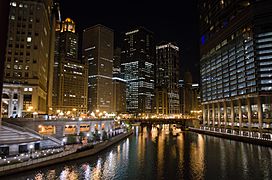 Chicago river from Michigan avenue bridge at night