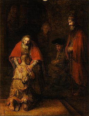 El retorno del hijo pródigo (c. 1662), obra de Rembrandt inspirada en la parábola del hijo pródigo que el Evangelio de Lucas atribuye a Jesús de Nazaret.