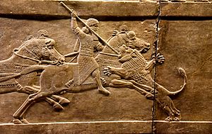 Archivo:Assyrian king Ashurbanipal on his horse thrusting a spear onto a lion’s head. Alabaster bas-relief from Nineveh, dating back to 645-635 BCE and is currently housed in the British Museum, London