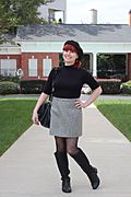 Black Beret, Black Turtleneck Top, Houndstooth Mini Skirt, Dotted Tights, and Knee High Boots (23062108441)