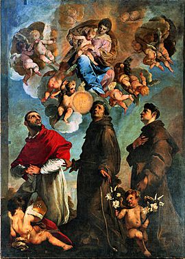 Archivo:Fr Maffei Virgen con el Niño y los santos Carlos Borromeo, Bernardino de Siena y Antonio de Padua Oratorio del Carmine, Sarzana