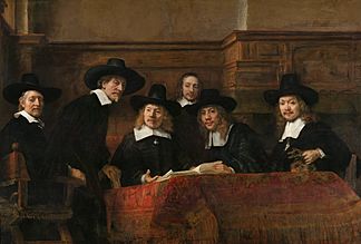 Rembrandt - De Staalmeesters- het college van staalmeesters (waardijns) van het Amsterdamse lakenbereidersgilde - Google Art Project.jpg