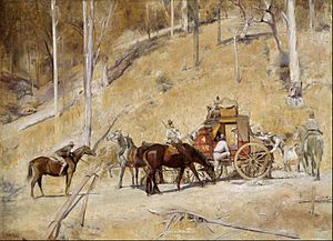 Unos bushrangers asaltando una diligencia. Bailed up, óleo del pintor australiano Tom Roberts (1895).