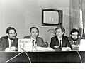 Alfonso Guerra comparece en rueda de prensa junto a otros miembros del Gobierno para informar de los resultados del referendúm de la OTAN. Pool Moncloa. 12 de marzo de 1986