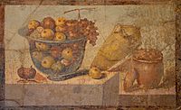 Fresco showing fruit bowl, jar of wine, jar of raisins, from the House of Julia Felix in Pompeii, Naples National Archaeological Museum (14843192524)