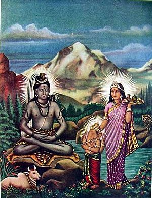 Archivo:Parvati and Ganesh visit Shiva as he meditates in the forest