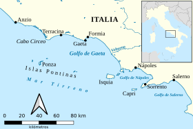 Mapa del golfo de Gaeta, con las Pontinas e Ischia.