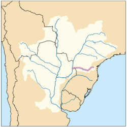 Mapa de la cuenca del río Paraná donde se destaca el curso del río Iguazú. En arroyos misioneros de la cuenca de este último se distribuye esta especie.