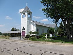 Immaculate Conception Catholic Church (North Lewisburg, Ohio) - exterior, front quarter view.JPG