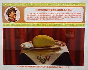 Archivo:Mangoes, The Precious Gift that Great Leader, Chairman Mao Personally Gave to the Mao Zedong Thought Propaganda Team of Capital Workers & Peasants, China, 1968 - Jordan Schnitzer Museum of Art - DSC09533
