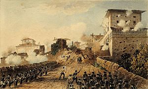 Puerta de Behobia de Irun, bajo el ataque de las fuerzas Reales Irlandesas, el 17 de mayo de 1837.jpg