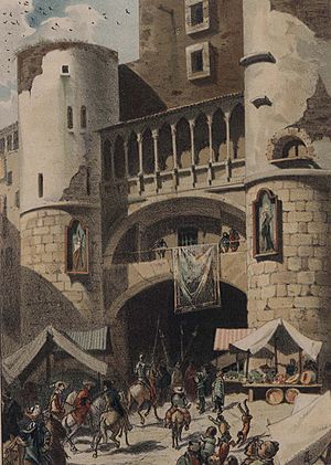 Archivo:1879, El ingenioso hidalgo D. Quijote de la Mancha, Entrada de Don Quijote en Barcelona, Mestres (cropped)