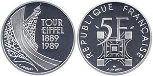 Archivo:France, 1989 - 5 francs, Fifth Republic, 100 years of the Eiffel Tower, silver