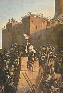 Archivo:Jacques de Molay Grand Maitre de l Ordre du Temple prend Jerusalem 1299 detail flag corr