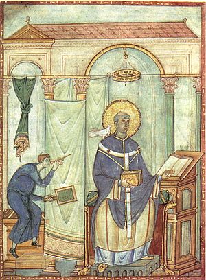 Archivo:Registrum gregorii, san gregorio magno ispirato dalla colomba, 983 miniatura, treviri stadtbiblithek, 19,8x27 cm