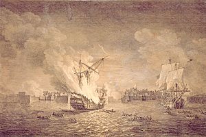 British burning warship Prudent and capturing Bienfaisant. Siege of Louisbourg 1758. Maritime Museum of the Atlantic, M55.7.1.jpg