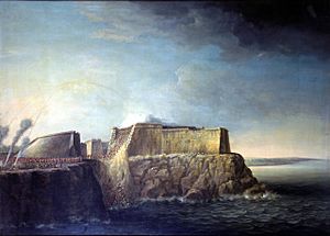 Archivo:Dominic Serres the Elder - The Capture of Havana, 1762, Storming of Morro Castle, 30 July