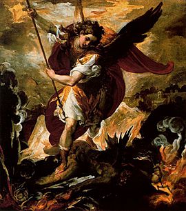 Archivo:Francesco Maffei San Miguel arcángel venciendo a Lucifer 1640-1660. Oleo sobre piedra. 80 x 75 cm. Museo Thyssen-Bornemisza