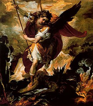 Archivo:Francesco Maffei San Miguel arcángel venciendo a Lucifer 1640-1660. Oleo sobre piedra. 80 x 75 cm. Museo Thyssen-Bornemisza