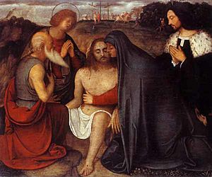 Archivo:Giovanni Agostino da Lodi Pieta con San Juan Evangelista, San Jerónimo y donante Ca dOro