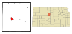 Russell County Kansas Incorporated and Unincorporated areas Russell Highlighted.svg