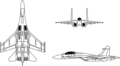 Sukhoi Su-27 3-view line drawing.svg