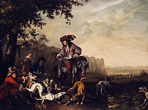 Archivo:Abraham Hondius Edelmann zu Pferd mit Jagdgefährten