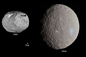 Archivo:Eros, Vesta and Ceres size comparison