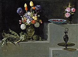 Archivo:Bodegón con alcachofas, flores y recipientes de vidrio