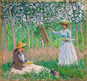 Archivo:Claude Monet - In the Woods at Giverny- Blanche Hoschedé at Her Easel with Suzanne Hoschedé Reading - Google Art Project