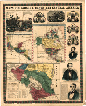 Archivo:Maps of Nicaragua, North and Central America- Population and Square Miles of Nicaragua, United States, Mexico, British and Central America, with Routes and Distances; Portraits of General Walker, WDL152