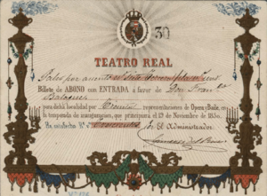 Archivo:Billete de abono con entrada para el Teatro Real (1850)