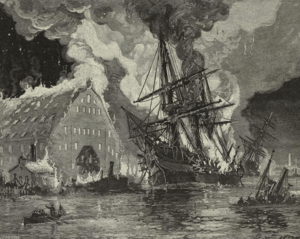 Archivo:Burning of USS Merrimack, 1861