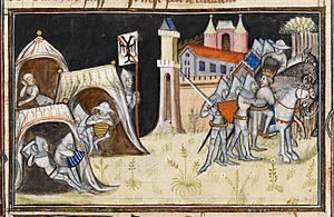 Archivo:Detail of a miniature of the capture of Don Pedro, from Jean Cuvelier's Chanson de Bertrand du Guesclin