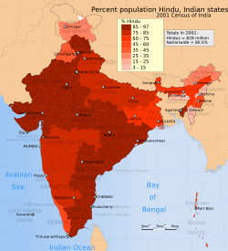 Archivo:2001 Census India religion distribution map, percent Hindu in states and union territories