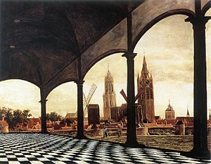 Archivo:A View of Delft through an Imaginary Loggia (1663) Daniel Vosmaer