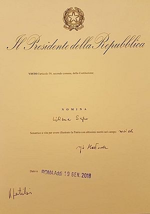 Archivo:Decreto di nomina di Liliana Segre a senatrice a vita firmato dal Presidente della Repubblica Sergio Mattarella