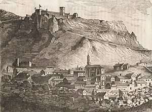 Archivo:1845, Historia de Cabrera y de la guerra civil en Aragón, Valencia y Murcia, Vista de Castellote (cropped)