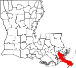 Mapa de Luisiana con la ubicación del Parish Plaquemines