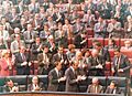 Adolfo Suárez recibe los aplausos de los diputados de su grupo tras su intervención en la sesión plenaria del Congreso de los Diputados (1980-05-21)