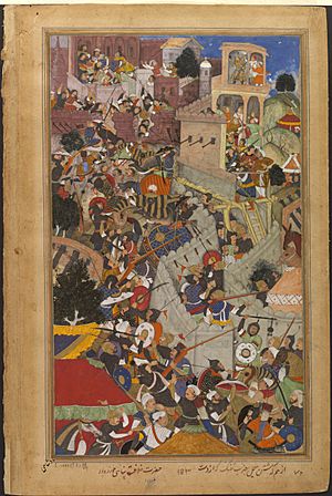 Archivo:Akbar shoots Jaimal at the siege of Chitor