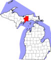 Map of Michigan highlighting Schoolcraft County