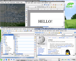 KDE 3.2.1 on SuSE Linux 9.1 showing OpenOffice.org 1.1.1, Konqueror, and Konsole.png