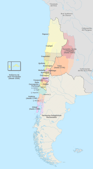 Archivo:Mapa de corregimientos coloniales de Chile (1776)