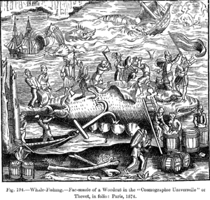 Archivo:Whale Fishing Fac simile of a Woodcut in the Cosmographie Universelle of Thevet in folio Paris 1574
