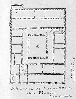 Archivo:1922, Arquitectura civil española de los siglos I al XVIII, Tomo primero, Arquitectura privada, página 53 (cropped) Granja de Valdefuentes, planta